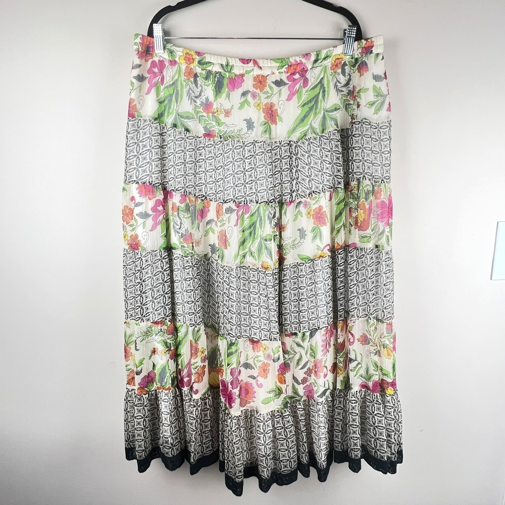 Coldwater‎ Creek Tiered Patchwork Floral Skirt XL Boho Cottagecore Crochet Trim